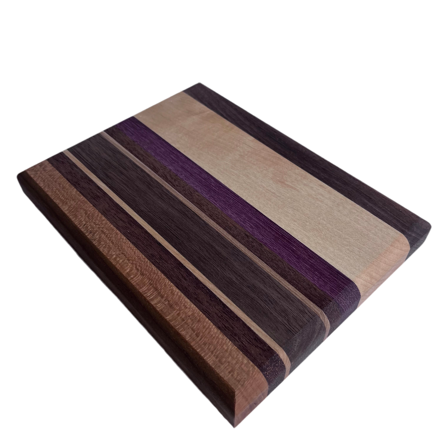 Wooden chopping board with various wood types.