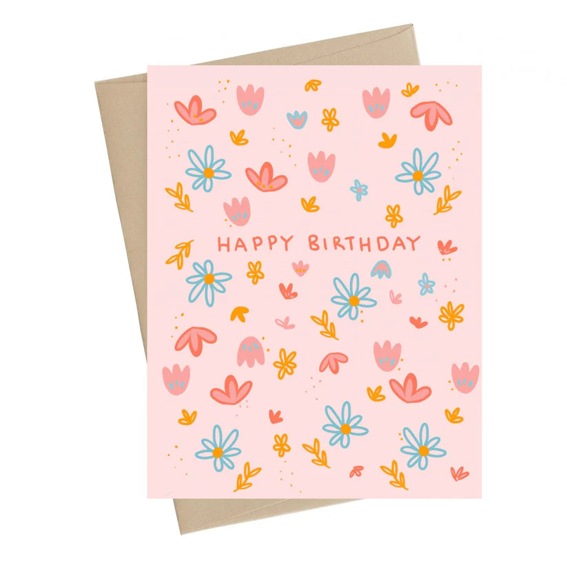 Happy birthday greeting card by Little May Papery with pink floral design and elegant typography.