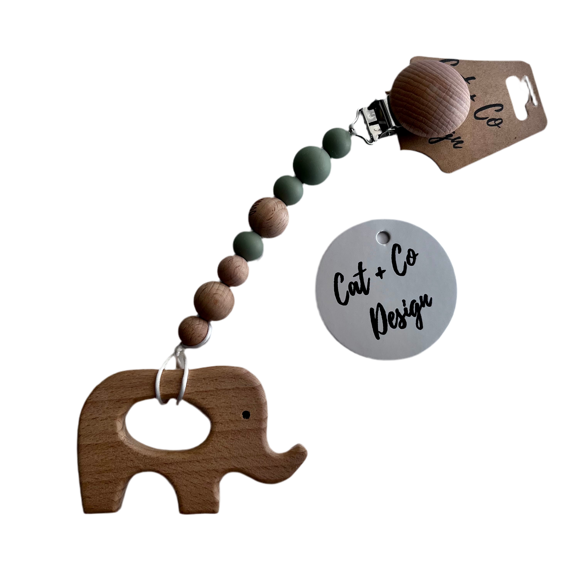Cat & Co Design baby pacifier clips in various colors, securely holding a pacifier with a stylish design.
