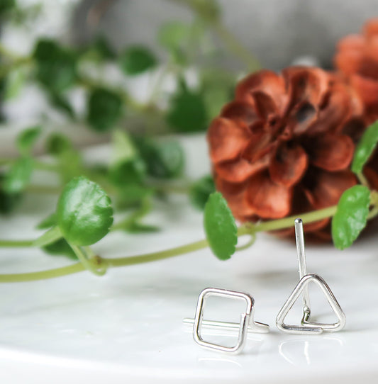 triangle and square silver earrings