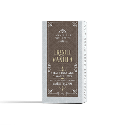 Lannie Rae French vanilla pancake mix packaging featuring a gourmet design and detailed product description.